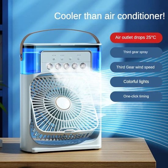 4 en 1 mini climatiseur portable par évaporation avec lumière LED 7 couleurs, 3 vitesses de vent et 3 modes de pulvérisation