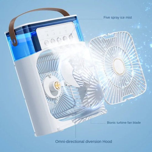 4 en 1 mini climatiseur portable par évaporation avec lumière LED 7 couleurs, 3 vitesses de vent et 3 modes de pulvérisation