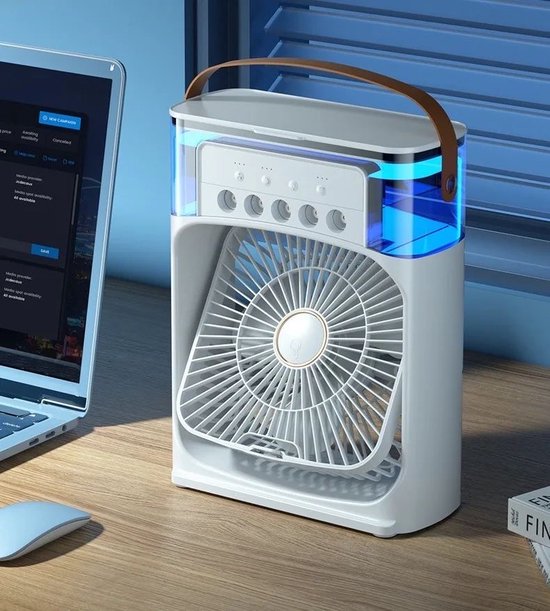 4 en 1 mini climatiseur portable par évaporation avec lumière LED 7 couleurs, 3 vitesses de vent et 3 modes de pulvérisation